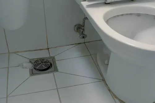 Round metal floor drain set in a tiled floor beside a toilet